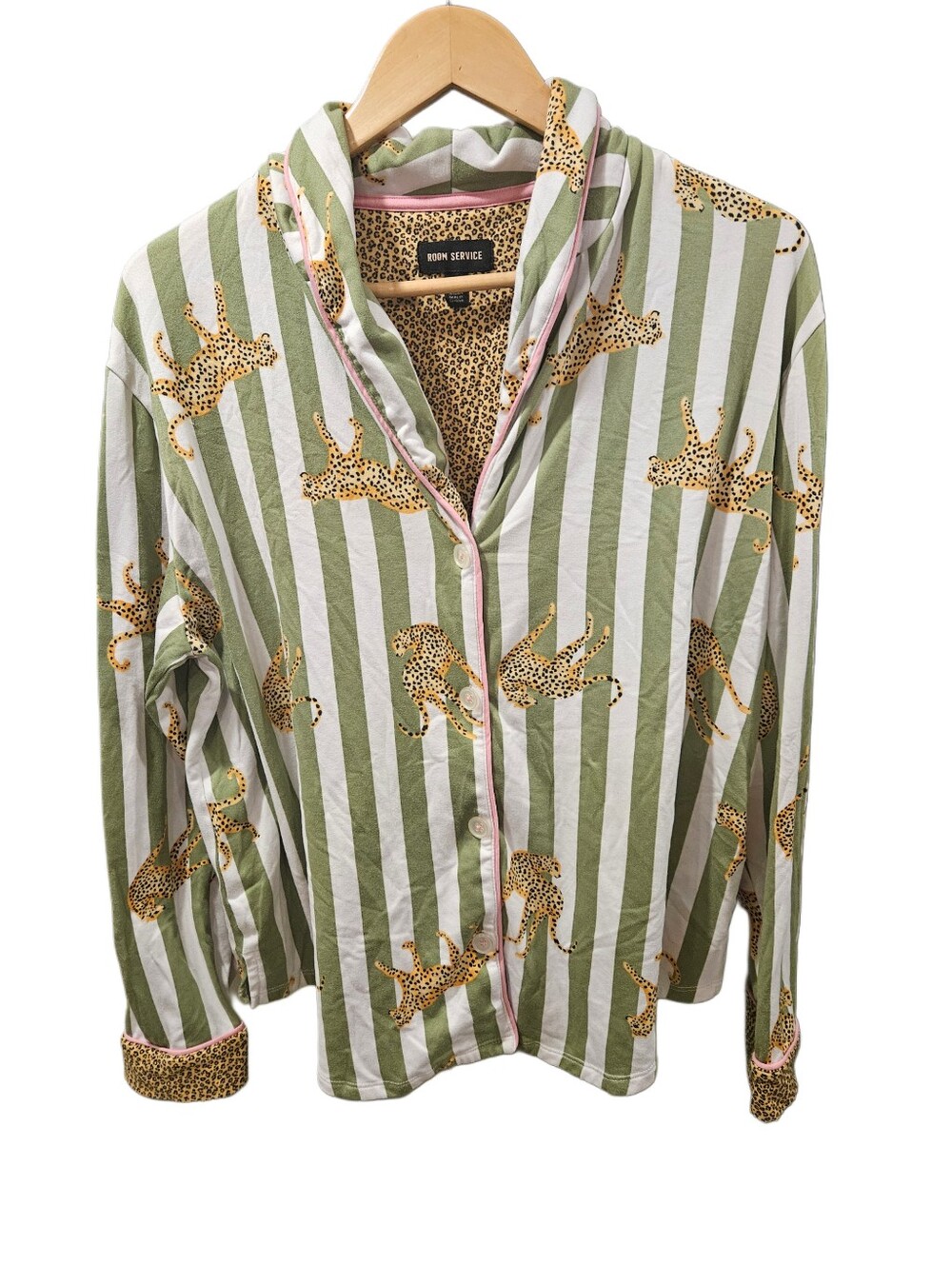 Room Service Leopard Stripe Pajama Set Green White Pink Trim Large - Picture 4 of 9